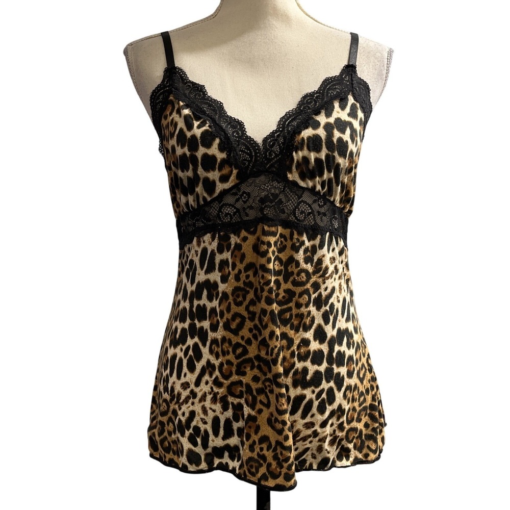 Animal Print Y2K Tank Top Black Lace Trim Babydoll Size L Coquette Fitted Rave